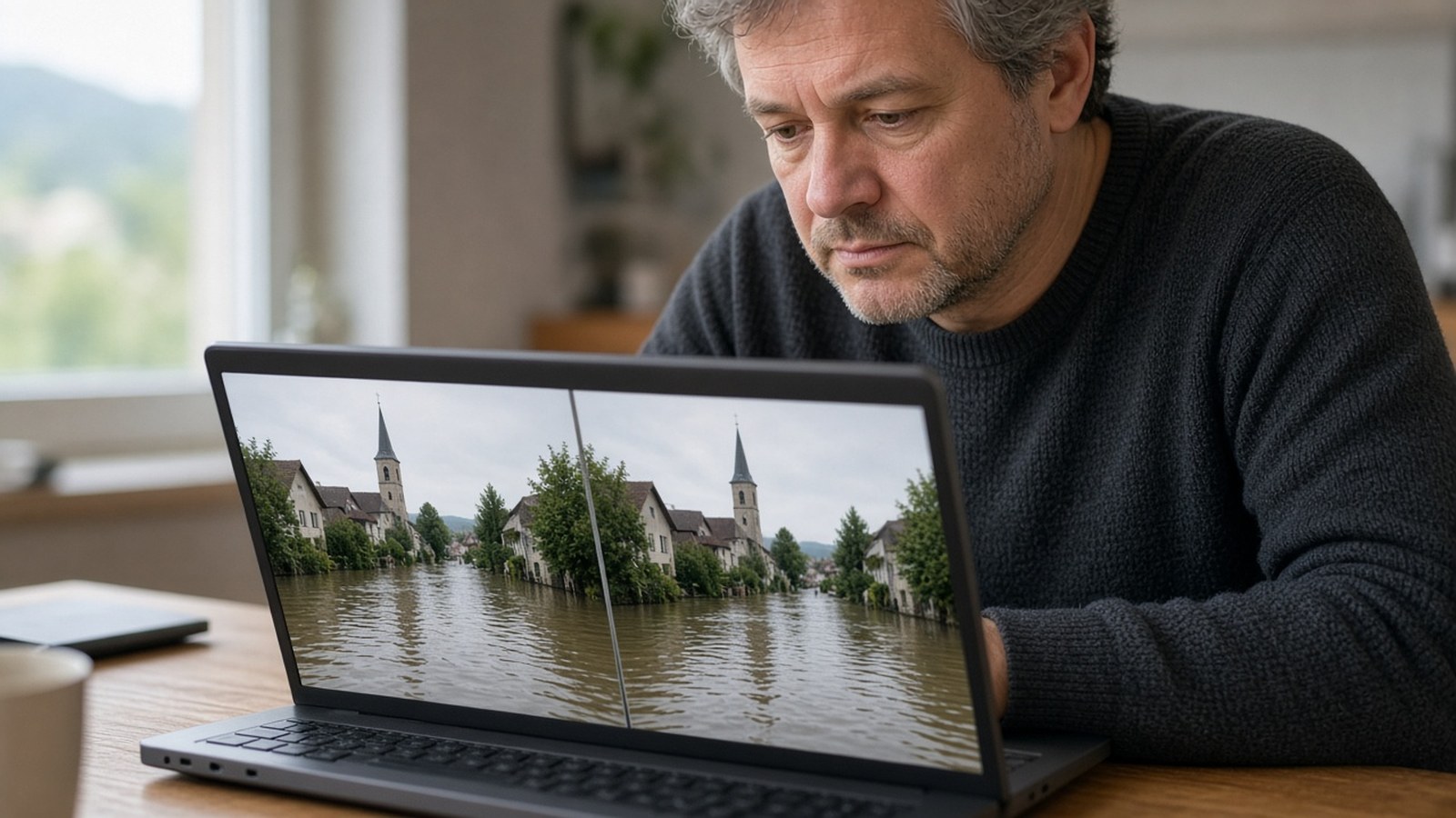 Muž v strednom veku sedí za notebookom a porovnáva dve takmer rovnaké fotografie povodne na obrazovke